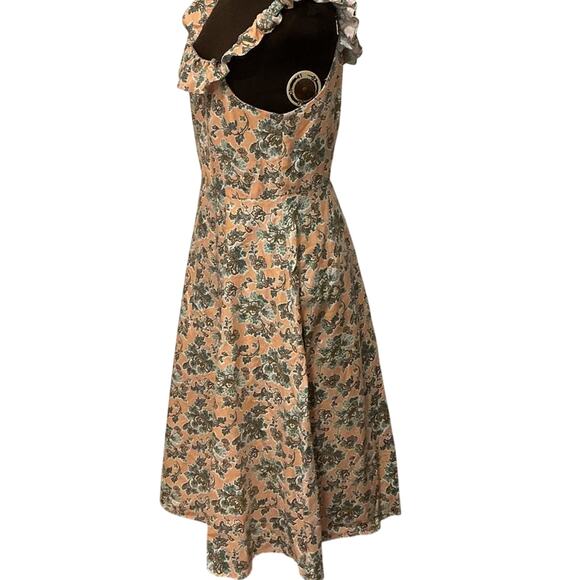 Ann Taylor Peach Green Cotton Linen Floral Ruffle Summer Fit Flare Dress Size 10 - Picture 5 of 10